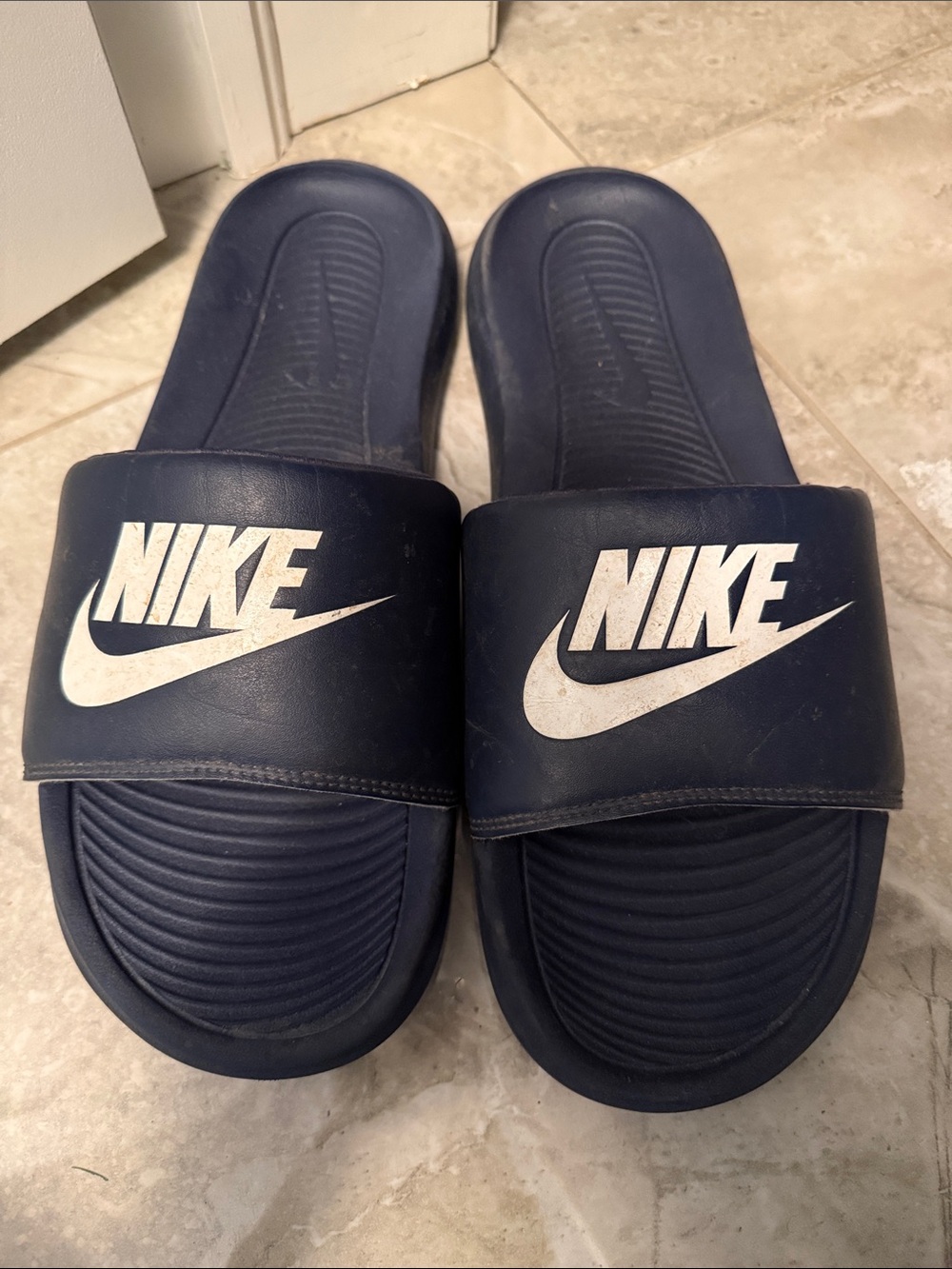 Nike Navy and White Slide Sandals